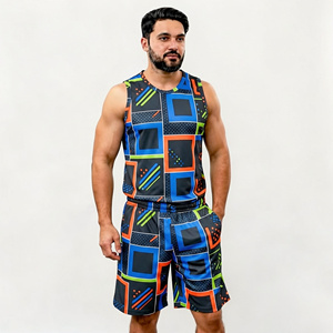 Conjunto de camiseta sin mangas y pantalones cortos con estampado geométrico para hombre, cuello en V, de secado rápido, tejido de poliéster, estilo deportivo, para verano. - Product Image 1