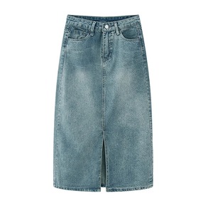 Summer New High-waist Slit Denim Skirt For Women Washed Retro A- line Skirt Hip-covering Straight Long Skirt - Product Image 1