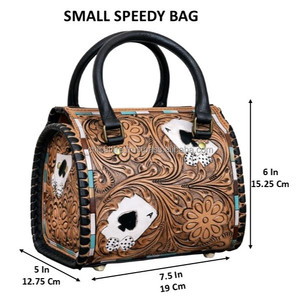 Sac à main Western en cuir repoussé à la main, modèle Mini Speedy, avec motif dés As de Pique, pour femme, en cuir de vachette premium, sac de voyage type baril - Product Image 2