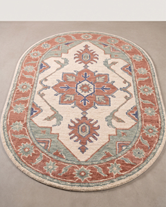 DECORDEC Tapis Oushak Rectangulaire Moderne Antidérapant, Motif Floral Damassé Corail, Sauge, Ivoire, avec Bordure Botanique pour Salon - Product Image 1