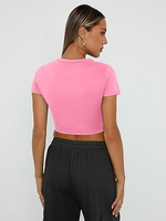 T-shirt court rose uni respirant à col rond et manches courtes pour filles, coupe ajustée, idéal pour le yoga et le fitness, faible MOQ