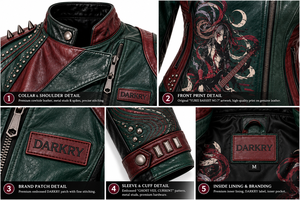 Dark Green Burgundy Women Leather Biker Jacket Graphic Printed Spiked <b>Studded</b> Coat Custom OEM ODM Wholesale Factory Supplier - Product Image 6