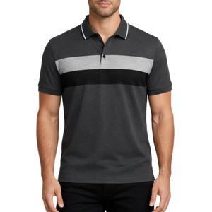 Polo Personalizado para Hombre en Gris Carbón con Franjas en Contraste en el Pecho, Manga Corta, Transpirable, Corte Atlético - Product Image 1