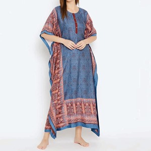 Women's Blue Paisley <b>Print</b> Kaftan Dress With Contrast Trim Floor-Length Modest Evening Gown Cap Sleeve Rayon <b>Material</b> - Product Image 1