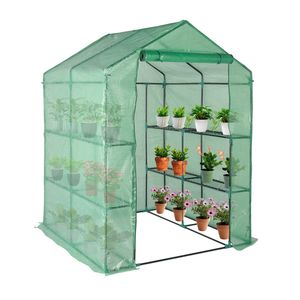 Serre de jardin 143x143x195cm en tuyaux de fer noir avec support de fleurs à 8 grilles, porte roulante à fermeture éclair et toile PE - Product Image 1