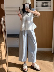 Solid Breathable Elastic Waist Autumn Straight Casual 100% Cotton Beach Trousers Pants Women with Pockets - Product Image 5