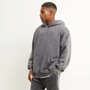 Sweat à capuche vintage pour homme, hiver, délavé à l'acide, 100% coton, coupe oversize, épaules tombantes, poche, motif uni, teinture unie - Product Image 1