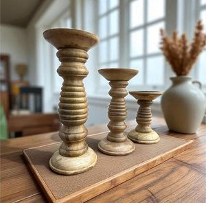 Handcrafted <b>Wooden</b> Pillar Candle Holder Set Decorative Rustic <b>Candlestick</b> Stand for Home Wedding Table Decor - Product Image 6