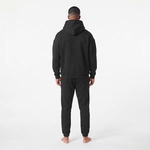 Ensemble de survêtement streetwear pour hommes en coton épais, comprenant un sweat à capuche oversize et un pantalon de jogging, couleur noir uni, vente en gros - Product Image 2