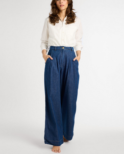 Jean large pour femme, taille haute, bleu clair, en denim mélangé coton, couleur unie, vente en gros - Product Image 2