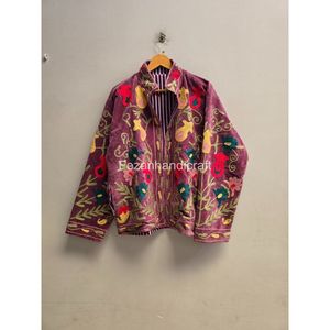 Veste en velours brodée pour femmes, broderie ouzbèke, manches longues, col mandarin, tenue d'automne, motif floral violet - Product Image 2