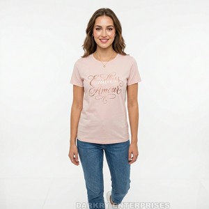 Custom Women Rose Gold Print T Shirt Wholesale Endless Amour Script Tee Private Label <b>Peach</b> Pink Cotton Ladies Elegant <b>Tops</b> - Product Image 1