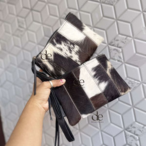 Pochette élégante en cuir de vachette véritable avec patchs western, couleur noire, petite pochette portefeuille stylée - Product Image 1