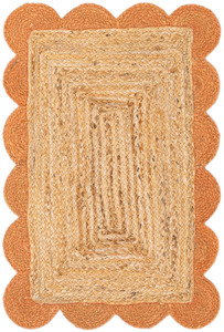 Handcrafted Natural Orange Scalloped Jute Area Rug Braided Farmhouse Carpet Boho Living Room Floor <b>Mat</b> - Product Image 2