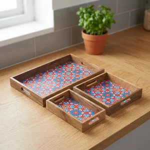Juego de 3 bandejas de madera impresas hechas a mano, platos de madera de mango con asas, bandejas para té, desayuno, aperitivos, decorativas para la cocina - Product Image 6