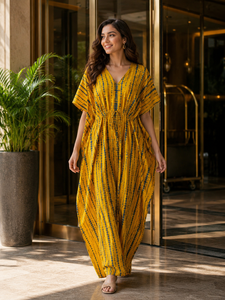 Boho <b>Yellow</b> Tie Dye Cotton Floor-Length Kaftan Maxi Off-Shoulder V-Neck Eco-Friendly Handmade Adjustable Waist Beach <b>Bikini</b> - Product Image 4