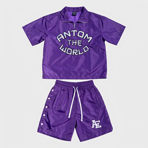 High Quality Custom Men's Casual Hooded Windbreaker <b>Set</b> with Drawstring Closure 100% Cotton <b>Waterproof</b> Lightweight Jacket Shorts - Product Image 1