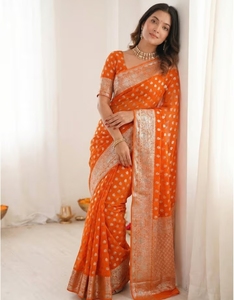 KV Traditional <b>Orange</b> Rayon Silk Georgette Woven <b>Saree</b> with Unstitched Blouse for Party - Product Image 4