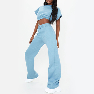 Pantalon en molleton pour femme, taille haute, coupe ample, jambe large, longueur intégrale, bleu clair uni, décontracté, avec cordon de serrage, tricoté, style automne - Product Image 6