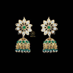 Madhubala Emerald Green Jadau Drop Earrings-Gold Plated Brass with Jade and Pearl - Product Image 1