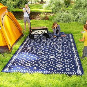Tappeto Reversibile da Esterno Blu e Bianco a Rombi 9FT X 18FT con Paglia in PP Impermeabile e Borsa per il Trasporto per Patio e Viaggi - Product Image 2