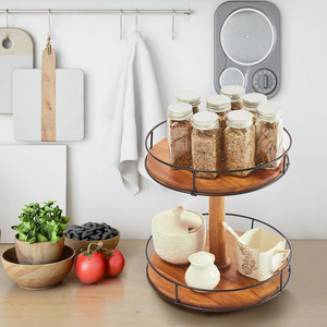 Double Acacia <b>Wood</b> Lazy Susan <b>Turntable</b> Luxury Kitchen Dining Table Centerpiece Tray Countertop Cabinet Pantry Decor - Product Image 4