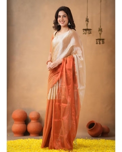 Sari Tradicional de Seda para Mujer KV, Color Naranja con Bloques de Color, Diseño Pintado a Mano, para Fiestas, Blusa Sin Costuras, Reversible, de Secado Rápido y Antiarrugas - Product Image 2