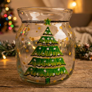 Pot en verre d'arbre de Noël peint à la main décor de vacances décoratif pour bougies ou stockage - Product Image 1
