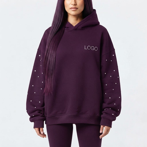 Sweat à capuche oversize pour femme, à épaules tombantes, manches longues, couleur unie, logo personnalisé en strass sur le devant, en molleton de coton - Product Image 6