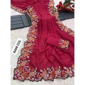 Sari en soie fantaisie avec broderie de fil de soie Vichitra et blouse non cousue Rani - Product Image 1