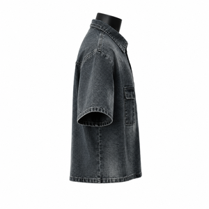 Camisa de mezclilla negra vintage para hombre, de manga corta, con botones, fabricante de ropa de marca privada OEM ODM - Product Image 4