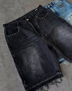 Pantalones cortos de mezclilla holgados estilo streetwear vintage de alta calidad, personalizados con pedrería, para hombre. - Product Image 4