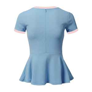 Camiseta JJ Peplum Ringer para Mujer, Manga Corta, Ribete en Contraste, Dobladillo Acampanado, Estilo Casual Griego, Top de Algodón - Product Image 2