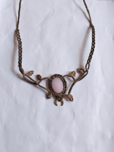 Handmade Brown Macrame Beads <b>Necklace</b> Rose Quartz Oval Cabochon Gold Crescent Moon Boho Jewelry Unisex IGI Certified Buddhism - Product Image 6
