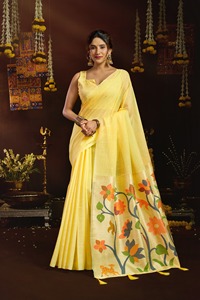 Sari en coton jaune à imprimé floral, tenue traditionnelle indienne pour mariage, coupe classique, longueur au sol, pour femmes - Product Image 4