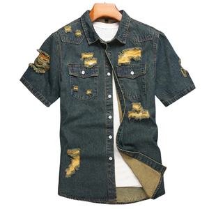 Camisa de mezclilla para hombre, estilo casual, con botones, manga corta, lavado oscuro desgastado, dos bolsillos, top de verano, estilo urbano, 100% algodón, color liso - Product Image 1