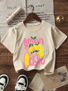 Camiseta de cuello redondo con estampado Limoncello para mujer, manga corta, corte holgado, 100% algodón, jersey, top informal de verano - Product Image 3