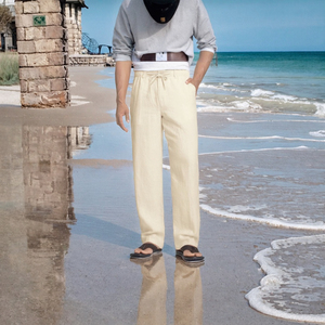 Pantalon décontracté homme en coton et lin pour le printemps, taille mi-haute, fermeture éclair, léger, sergé, devant plat, poches droites, style Oxford, vente en gros - Product Image 4