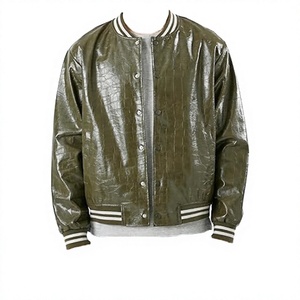 Chaqueta Varsity de PU para Hombre, Chaqueta de Color Sólido con Relieve, Cuello Camisero, Cierre de Botones, Corte Regular, Ropa de Otoño - Product Image 3
