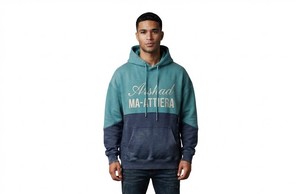Men Teal <b>Navy</b> Colorblock Hoodie With Oversized Script Graphic Contrast Sleeves Kangaroo Pocket Custom Streetwear <b>Sweatshirt</b> - Product Image 3