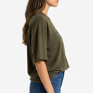 Camiseta de Moda para Mujer, Color Verde Oliva, Corte Holgado, Cuello Redondo, Manga Corta, Tejido de Punto, Algodón, Informal, para Primavera y Verano - Product Image 5