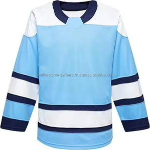 Maillot de hockey sur glace bleu personnalisé pour hommes, respirant, col en V, manches longues, 100% polyester, uniforme d'équipe bicolore - Product Image 2