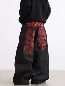 Men's Traditional Chinese Wide-Leg Trousers with Red <b>Dragon</b> Embroidery - Loose-Fit Straight-Leg Pants Suitable for Summer - Product Image 6