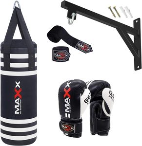 Genuine Leather Heavy Duty Kicking Bag <b>Set</b> with Gloves 100 lb Weight Kickboxing Training Wall Mount Bracket for Adults - Product Image 1