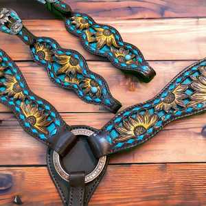 Ensemble de harnais de qualité supérieure pour cheval, en cuir véritable Western, avec collier de tête et harnais de poitrine motif tournesol, durable, léger et multifonctionnel. - Product Image 6
