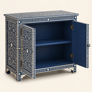 Meuble de rangement décoratif de luxe bleu marine fait main avec incrustation d'os et motif floral, fournisseur en gros Inde - Product Image 5