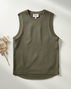Débardeur décontracté sans manches pour homme, vert olive, col rond, couleur unie, texture gaufrée - Product Image 2