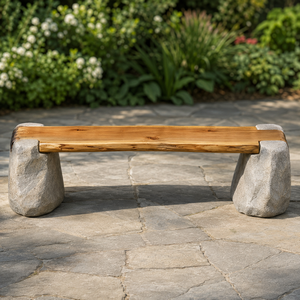 Banc de jardin en bois rustique avec assise en planches naturelles et pieds style pierre pour terrasse extérieure, pelouse, parc et sièges publics - Product Image 4