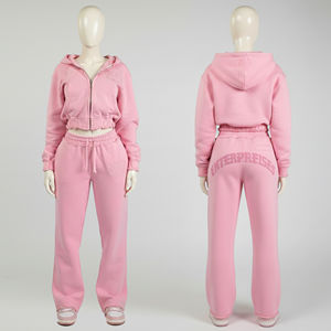 Hoodies courts délavés marron et rose pour femmes, ensembles de survêtements boxy délavés avec joggers pour femmes - Product Image 1