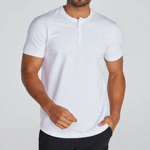 T-shirt ajusté pour homme en coton tricoté respirant anti-boulochage, sérigraphié, uni, écologique, style streetwear, Henley à col ras du cou - Product Image 1